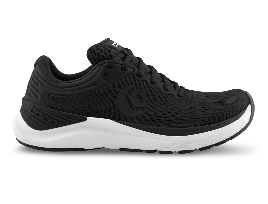 Men's Topo Athletic Ultrafly 4. Black upper. White midsole. Lateral view.