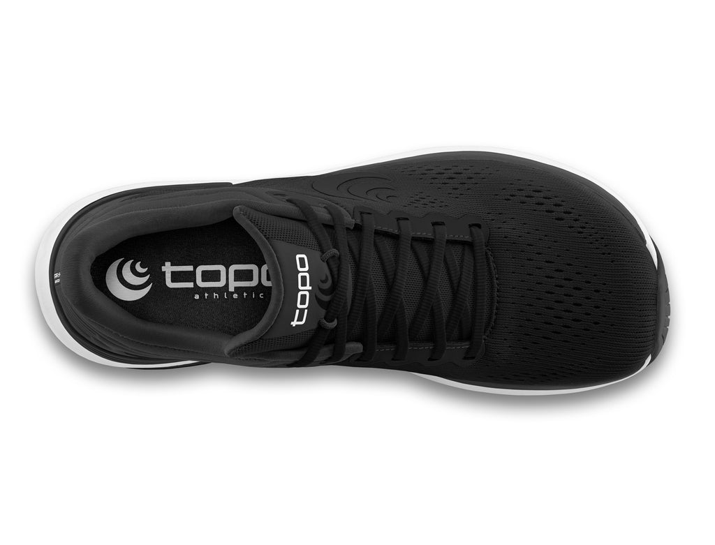 Men's Topo Athletic Ultrafly 4. Black upper. White midsole. Top view.