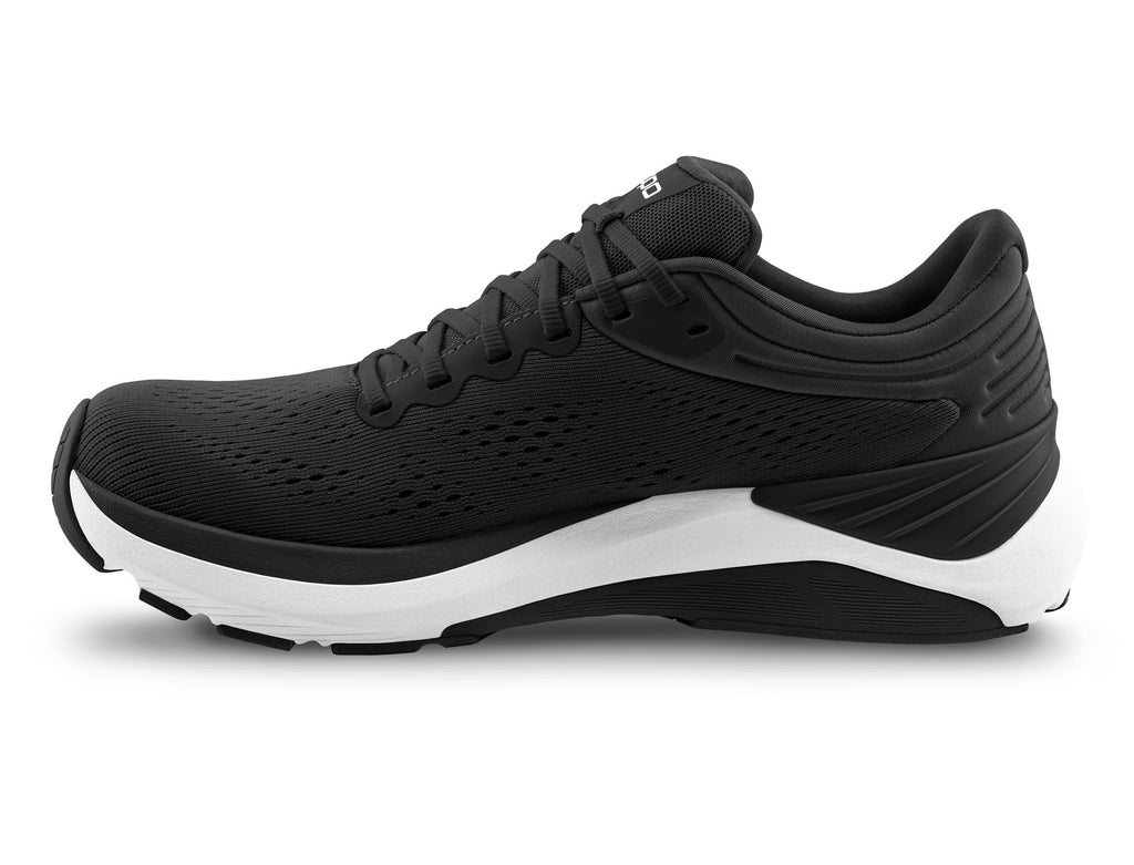 Men's Topo Athletic Ultrafly 4. Black upper. White midsole. Medial view.