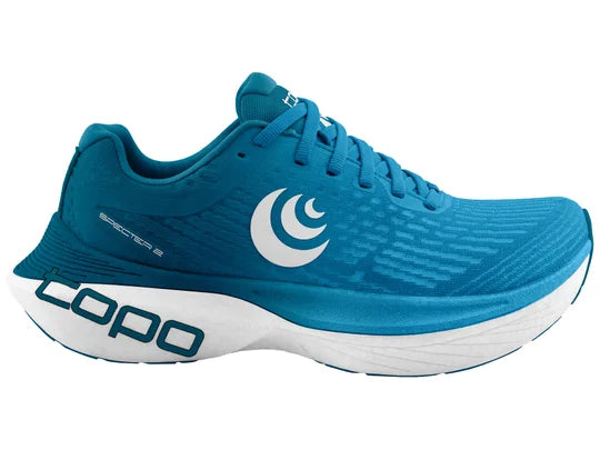 Men's Topo Specter 2. Blue upper. White midsole. Lateral view.