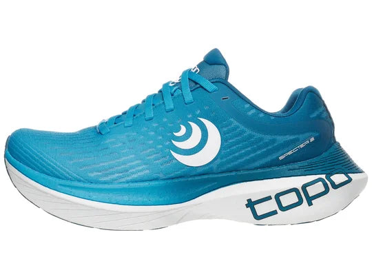 Men's Topo Specter 2. Blue upper. White midsole. Lateral view.