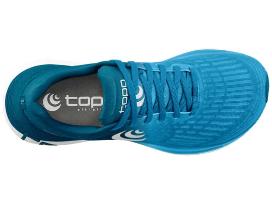 Men's Topo Specter 2. Blue upper. White midsole. Top view.