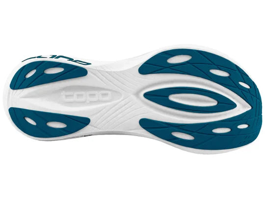 Men's Topo Specter 2. Blue upper. White midsole. Bottom view.