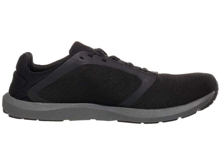 Men's Topo Athletic ST-5. Black upper. Dark grey midsole. Medial view.