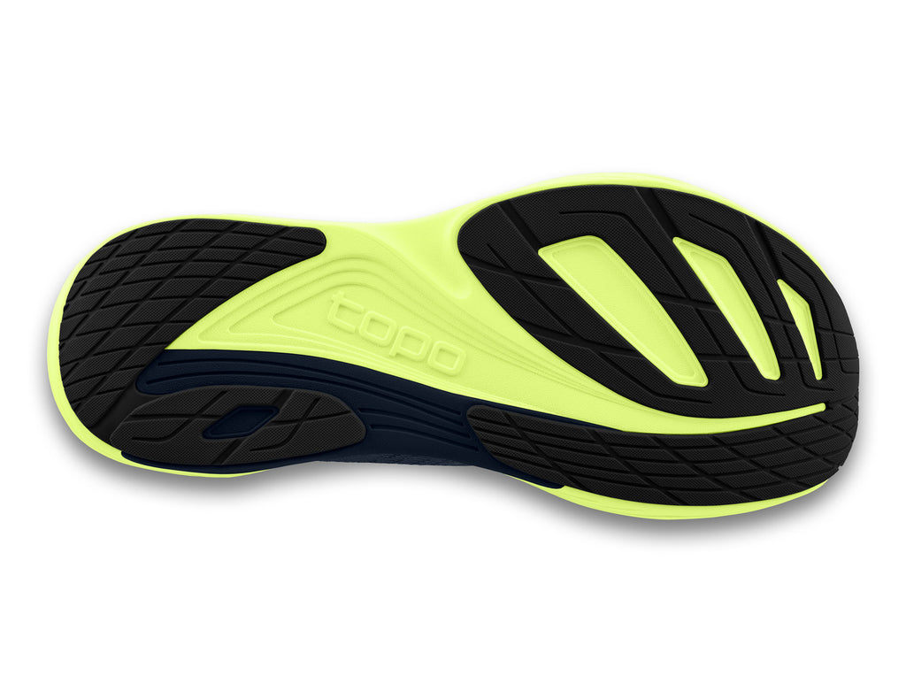 Men's Topo Ultrafly 5. Navy upper. Light Green midsole. Bottom view.
