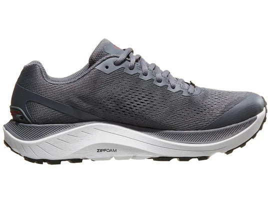 Men's Topo Ultraventure 3. Grey upper. Grey midsole. Medial view.