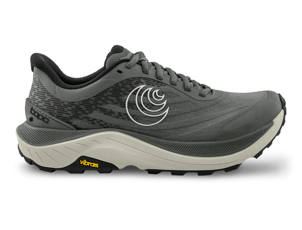 Men's Topo Ultraventure 4. Grey upper. Grey midsole. Lateral view.