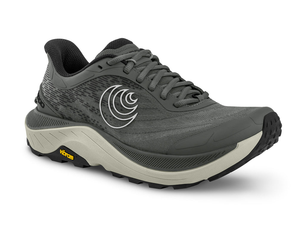 Men's Topo Ultraventure 4. Grey upper. Grey midsole. Lateral view.