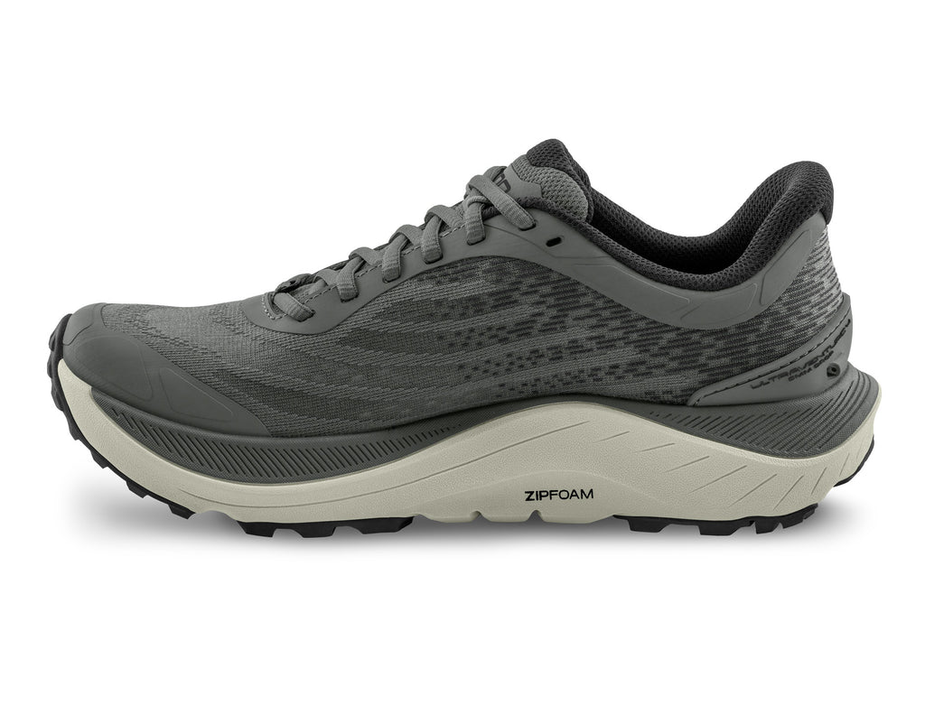 Men's Topo Ultraventure 4. Grey upper. Grey midsole. Medial view.