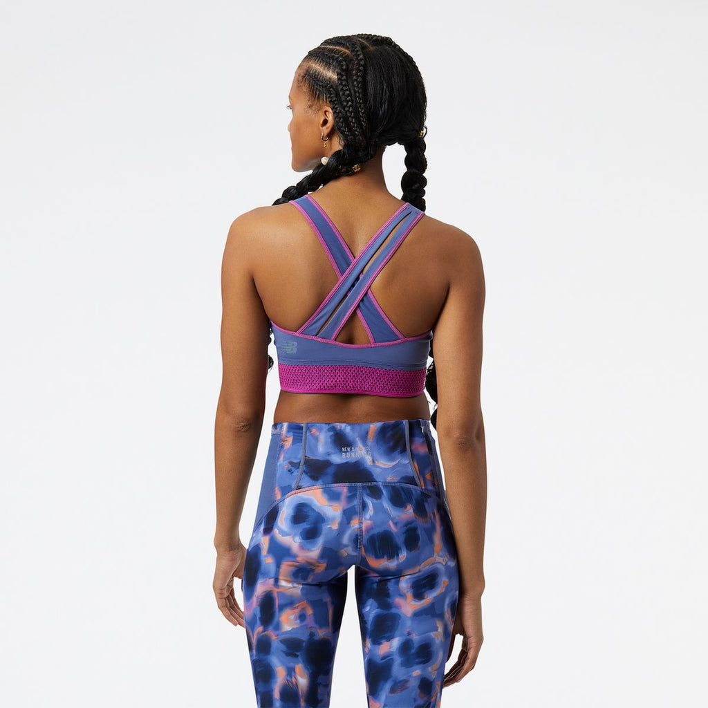 Women's New Balance Q Speed Bra. Blue. Rear view.