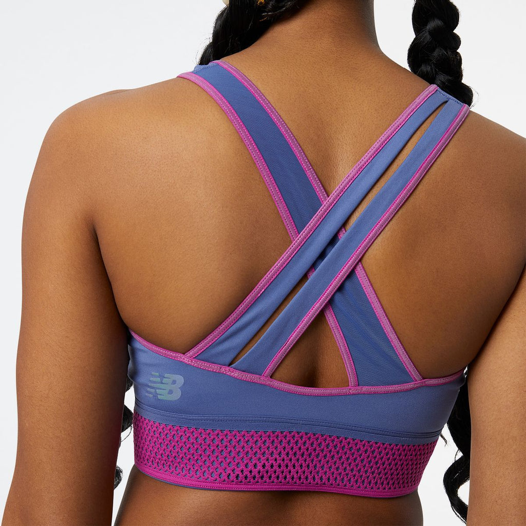 Women's New Balance Q Speed Bra. Blue. Rear view.