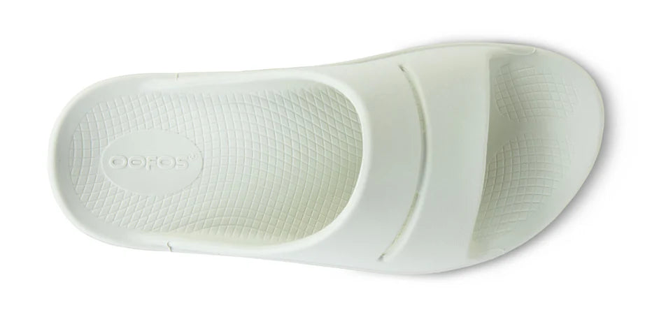 Oofos Ooahh Slide. Light Gray. Top view.