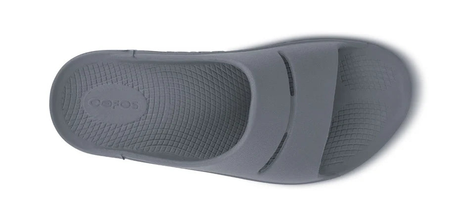 Oofos Ooahh Slide. Gray. Top view.