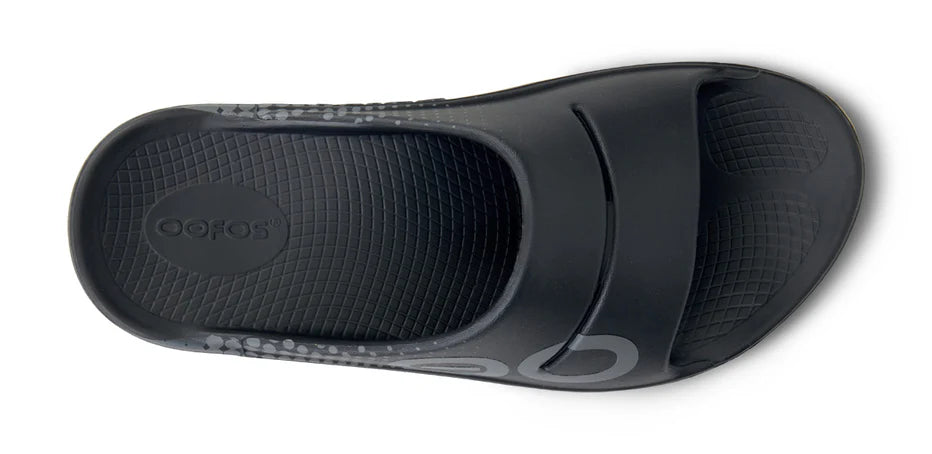 Oofos Ooahh Sport Slide. Black/Gray. Top view.