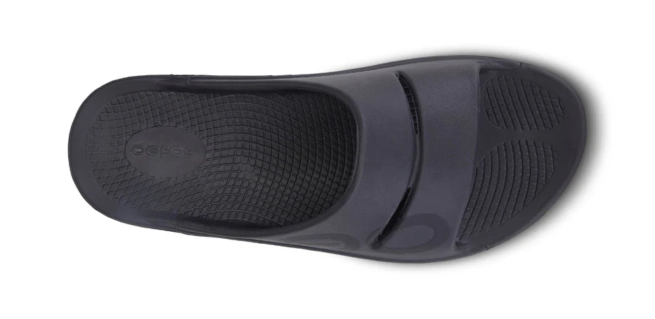 Oofos Ooahh Sport Slides. Black. Top view.