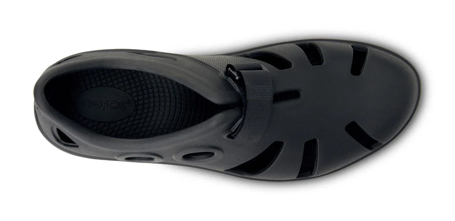 Oofos Oocandoo Sandal. Black. Top view.