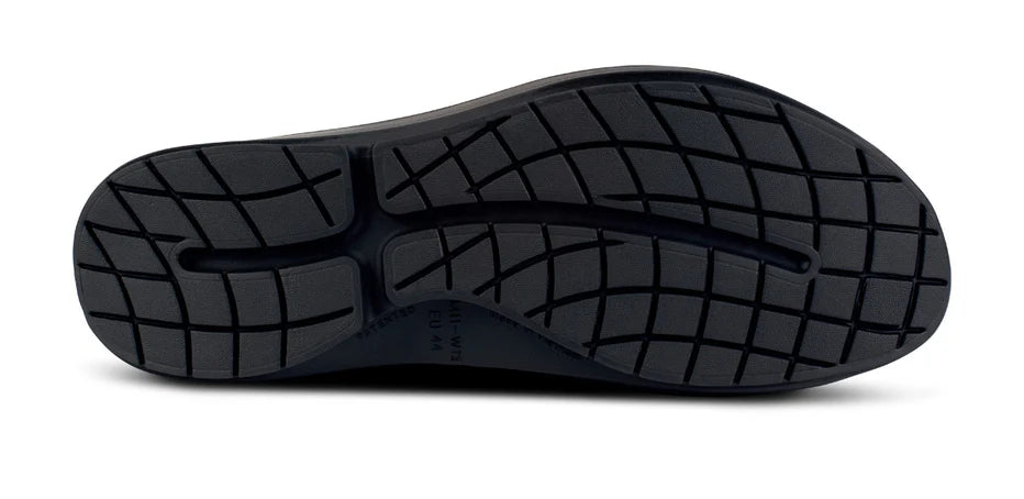 Oofos Oocandoo Sandal. Black. Bottom view.