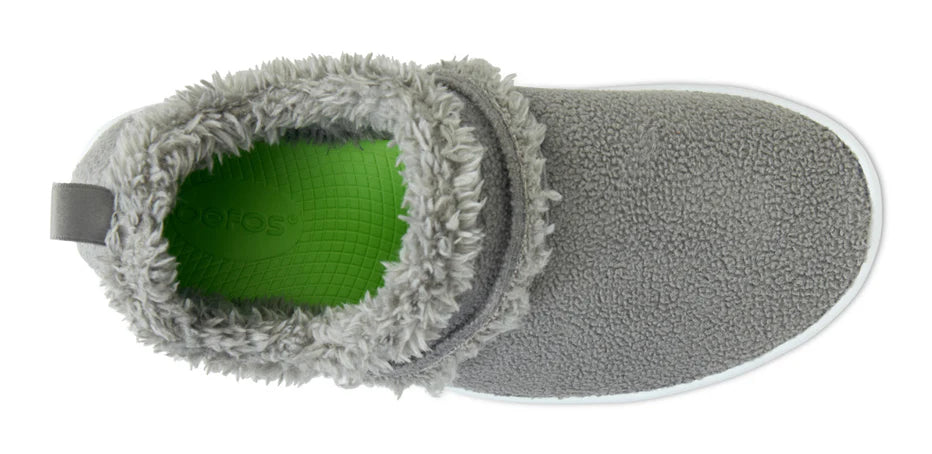 Oofos OOcoozie Low. Gray upper. White midsole. Top view.