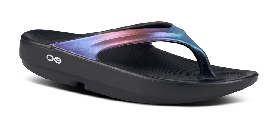 Oofos Oolala Lux Sandal. Blue/Pink/Black. Lateral view.