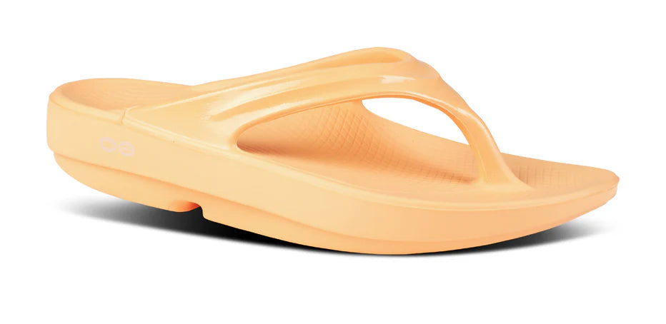 Oofos Oolala Sandal. Orange. Lateral view.