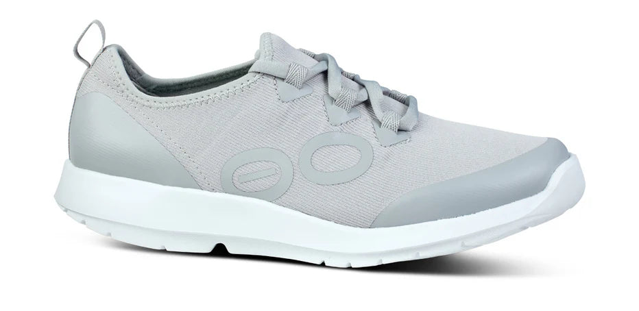 Oofos OOmg Sport LS Shoe. Gray upper. White midsole. Lateral view.