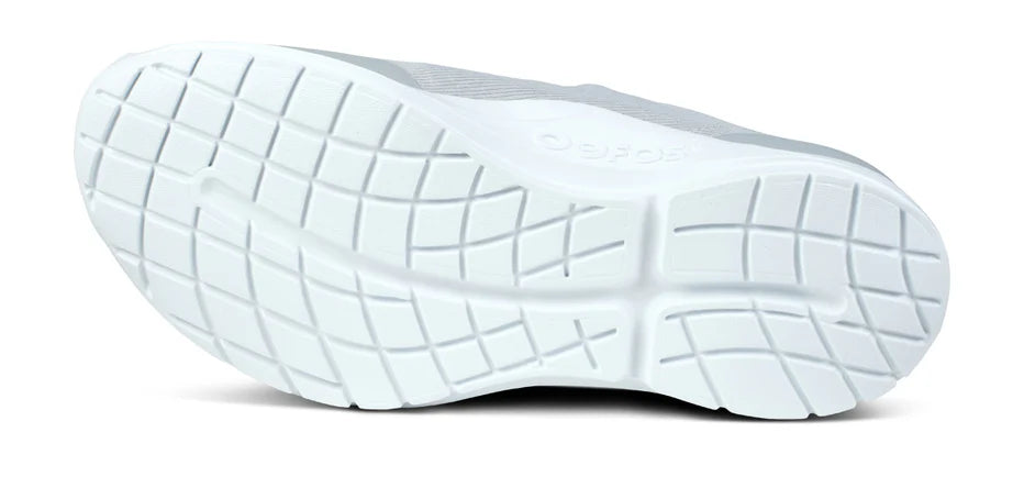 Oofos OOmg Sport LS Shoe. Gray upper. White midsole. Bottom view.