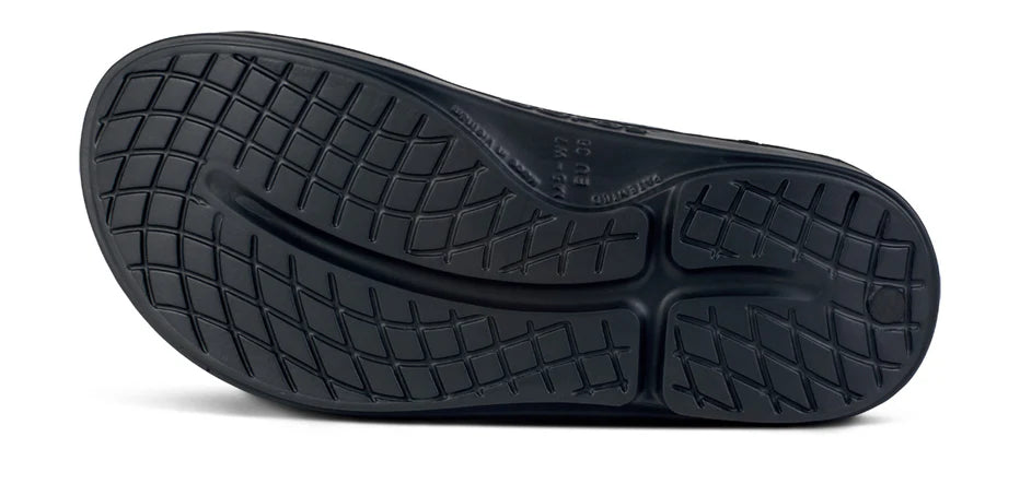 Oofos Ooriginal Sport Sandal. Black Camo. Bottom view.