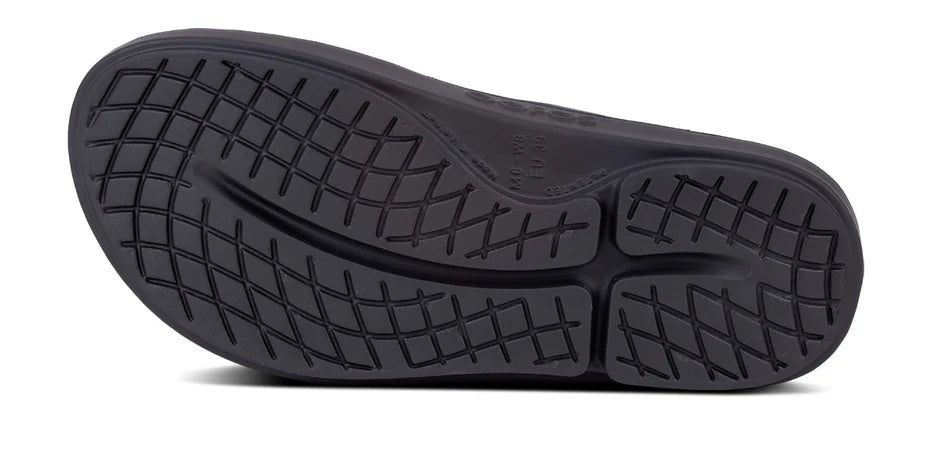 Oofos Ooriginal Sport Sandal. Gray upper. Black midsole. Bottom view.