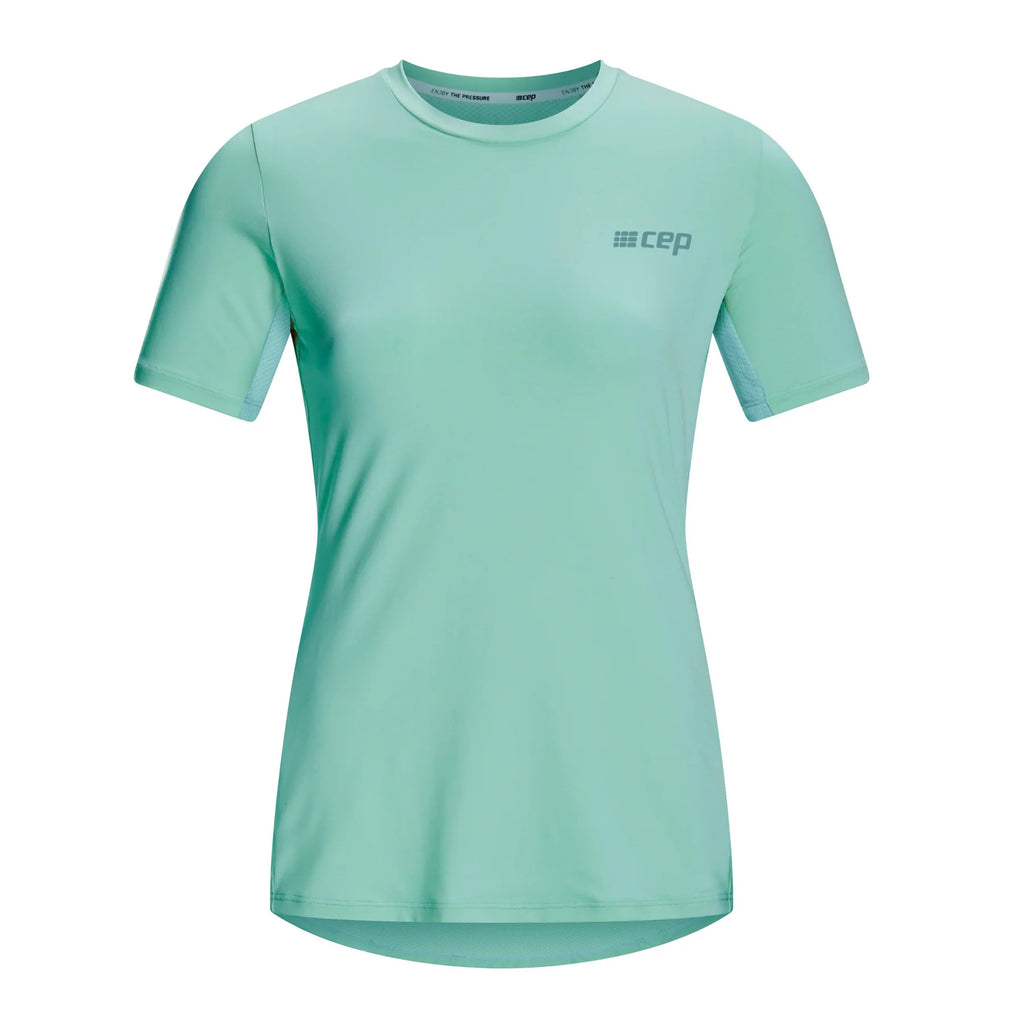 Women's CEP Run Shirt Short Sleeve. Light Blue. Front view.