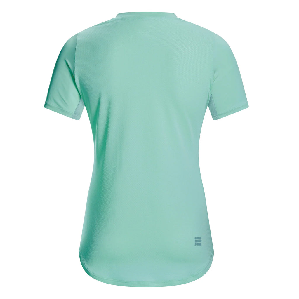 Women's CEP Run Shirt Short Sleeve. Light Blue. Front view.