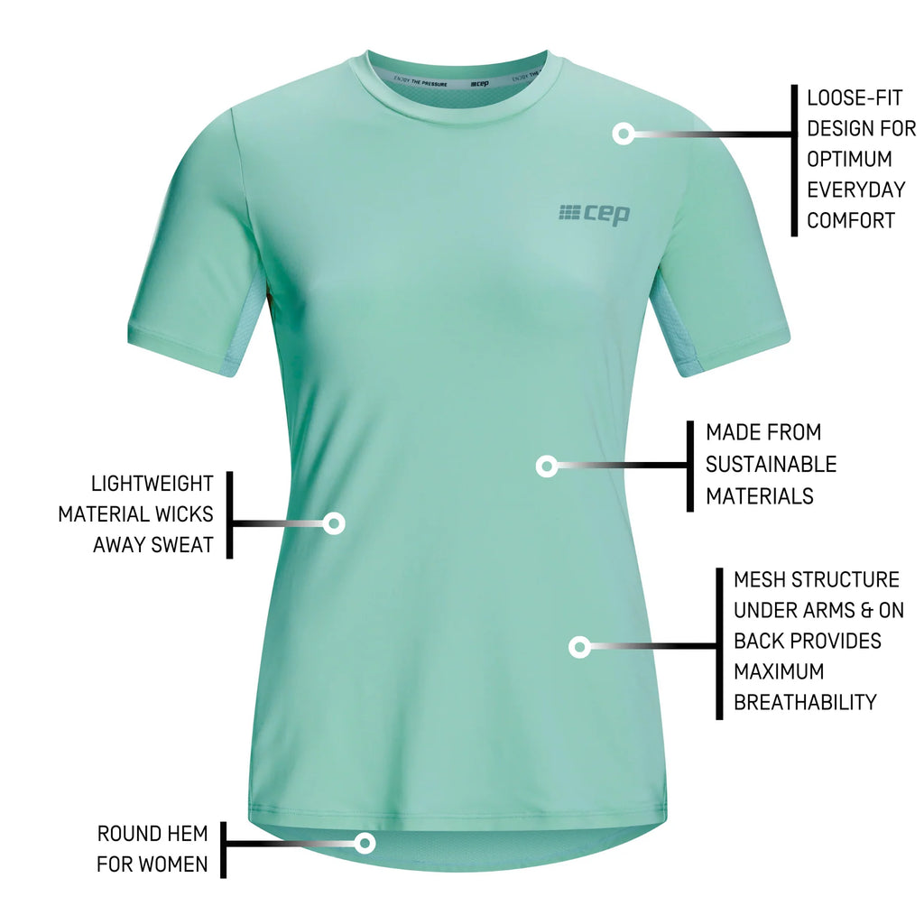 Women's CEP Run Shirt Short Sleeve. Light Blue. Front view.