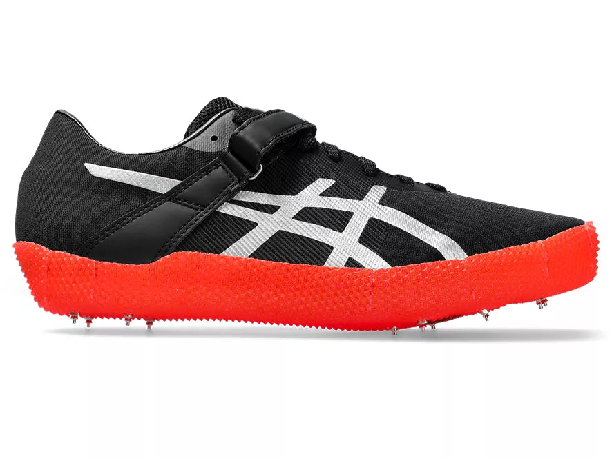 Unisex Asics High Jump Pro Left. Black upper. Red midsole. Lateral view.