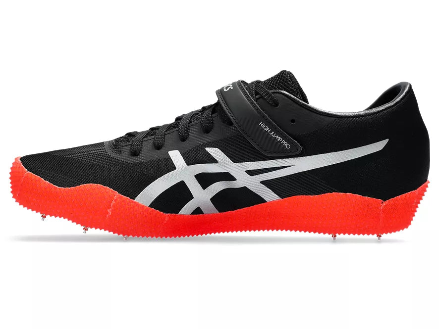 Unisex Asics High Jump Pro Left. Black upper. Red midsole. Medial view.