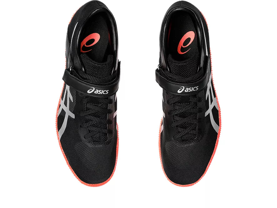 Unisex Asics High Jump Pro Left. Black upper. Red midsole. Top view.