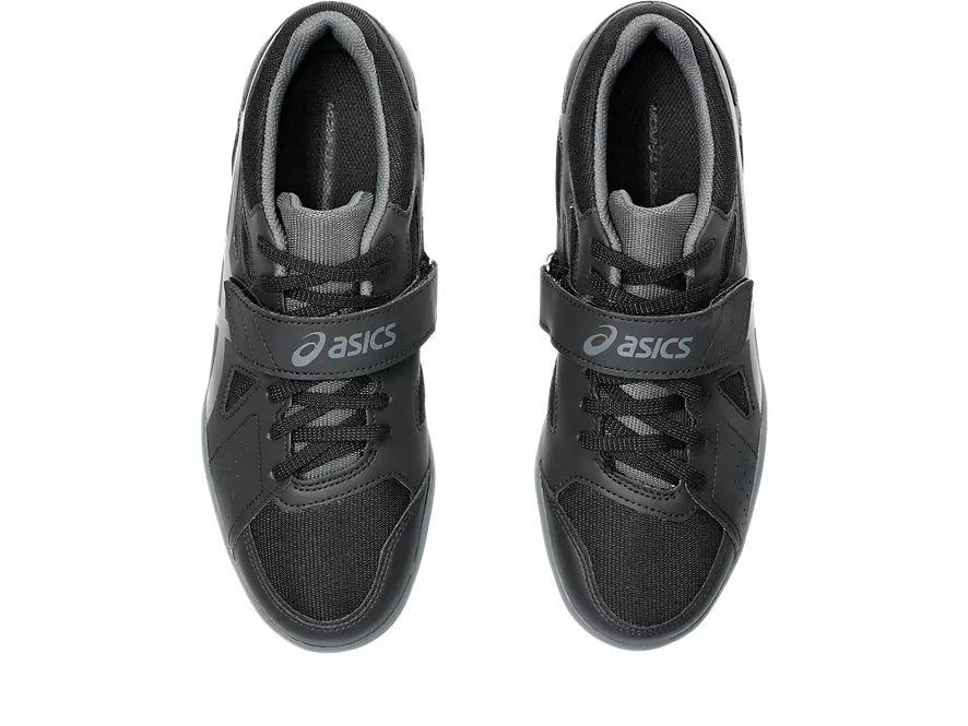 Unisex Asics Hyper Throw 3. Black upper. Black midsole. Top view.