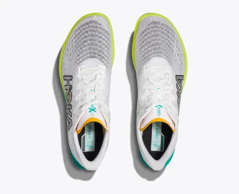 Unisex Hoka Cielo X 2 LD Spikes. White upper. Green/Yellow midsole. Top view.