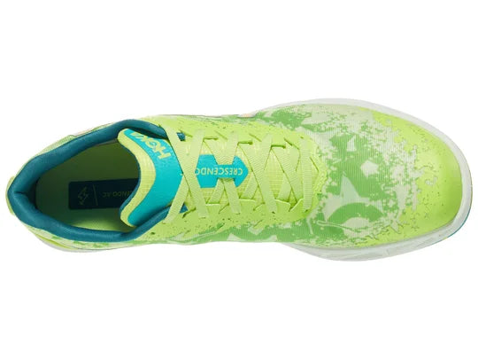 Unisex Hoka Crescendo XC Spike. Green upper. White midsole. Top view.