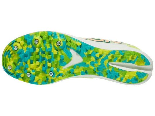 Unisex Hoka Crescendo XC Spike. Green upper. White midsole. Bottom view.