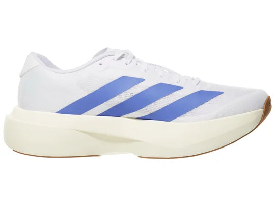 Women's Adidas Adizero Evo SL. White upper. White midsole. Medial view.