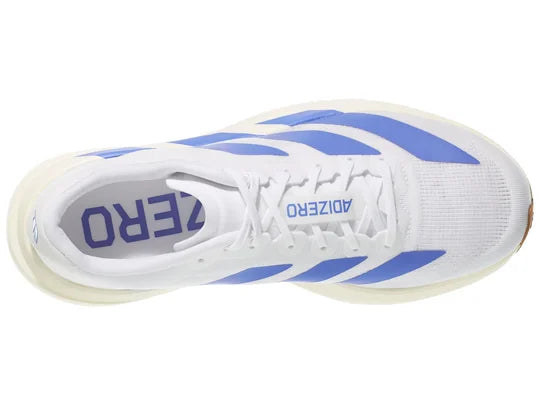 Women's Adidas Adizero Evo SL. White upper. White midsole. Top view.