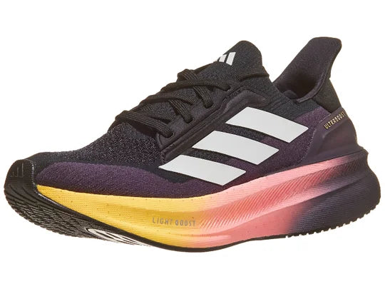 Women's Adidas Ultraboost 5X. Black upper. Multicolored midsole. Lateral view.