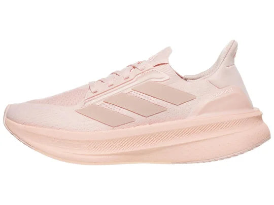 Women's Adidas Ultraboost 5X. Light Pink upper. Light Pink midsole. Lateral view.