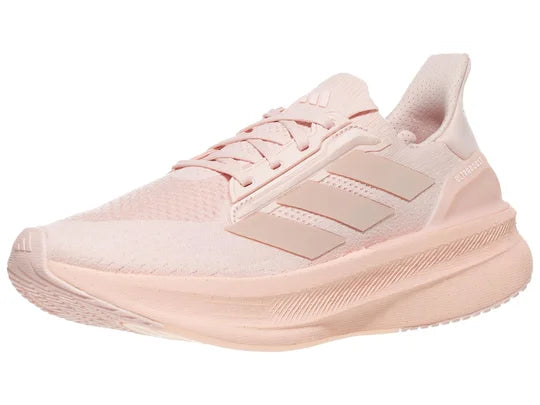 Women's Adidas Ultraboost 5X. Light Pink upper. Light Pink midsole. Lateral view.