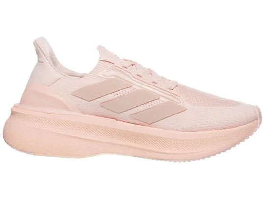 Women's Adidas Ultraboost 5X. Light Pink upper. Light Pink midsole. Medial view.