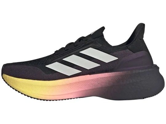 Women's Adidas Ultraboost 5X. Black upper. Multicolored midsole. Medial view.