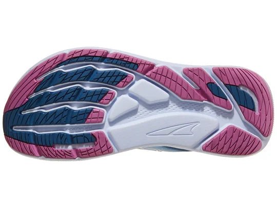 Women's Altra Forward Via. Blue upper. Blue midsole. Bottom view.