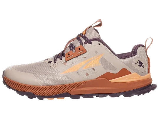 Women's Altra Lone Peak 8. Grey upper. Brown midsole. Lateral view.