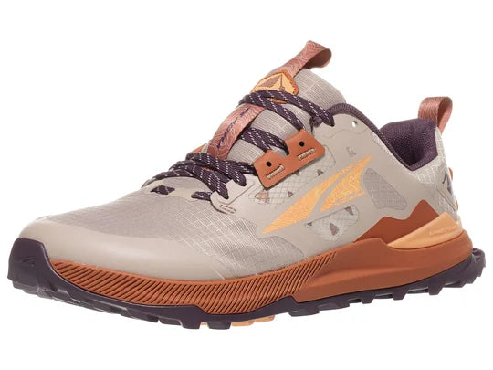 Women's Altra Lone Peak 8. Grey upper. Brown midsole. Lateral view.