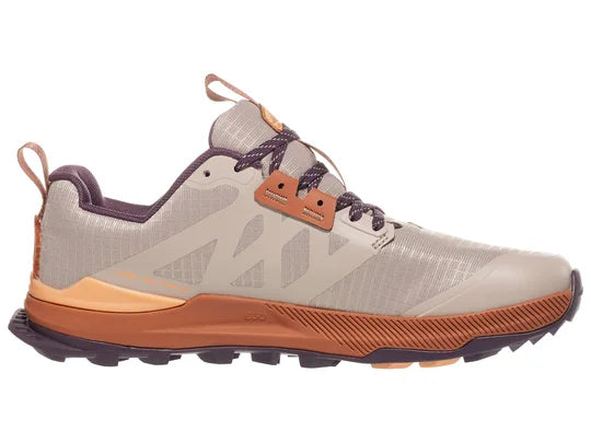 Women's Altra Lone Peak 8. Grey upper. Brown midsole. Medial view.