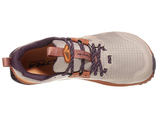 Women's Altra Lone Peak 8. Grey upper. Brown midsole. Top view.